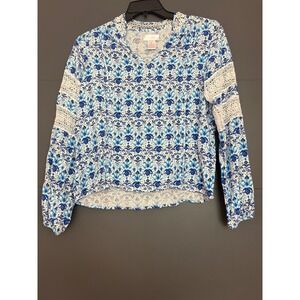 Stell Parker Collection Blue White Floral Damask Crochet Lace Rayon Blouse Small